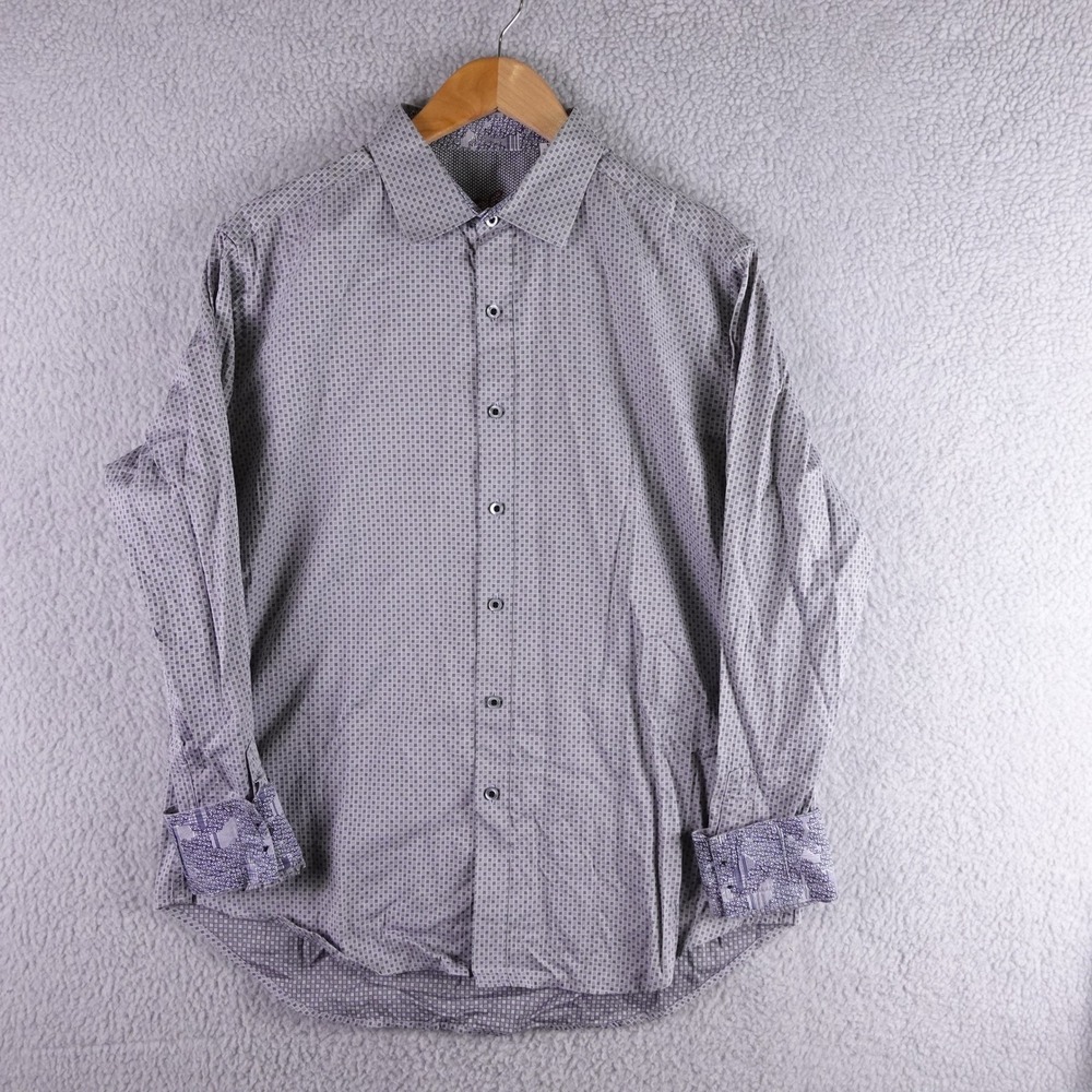 Robert Graham Mens Large Grey Geometric Print Button Down Shirt Flip Cuff‎